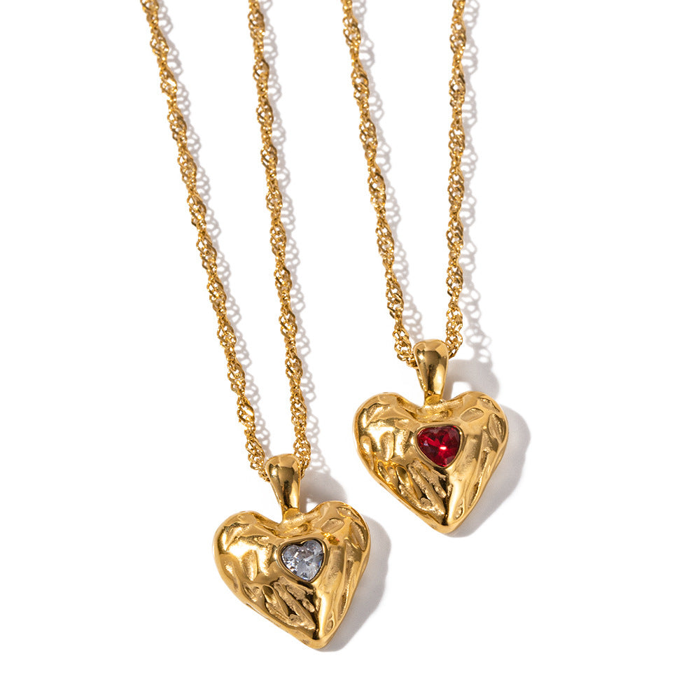 Wholesale Valentine's Day 18k Gold Stainless Steel Heart Hammered Zircon Necklace